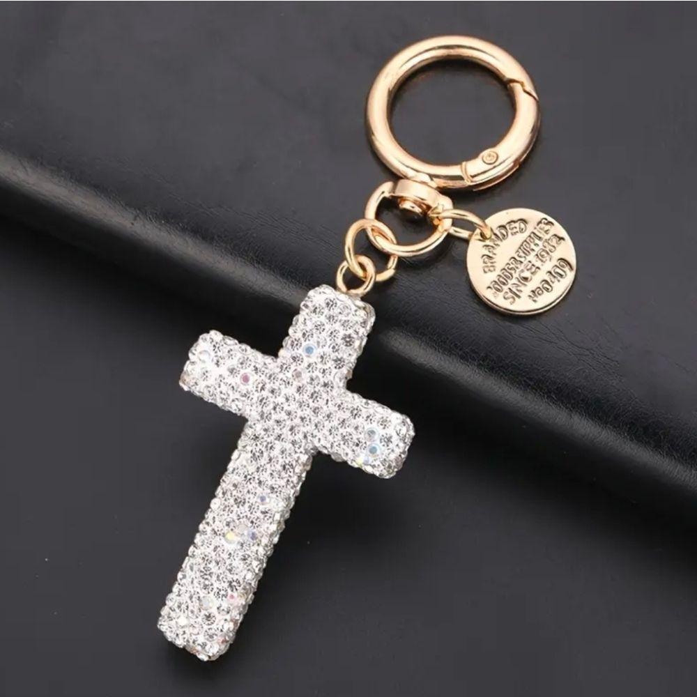 Rhinestone Encrusted Cross Bag Charm / Keychain